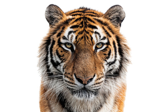 Close-up portrait of a majestic tiger with intense gaze, isolated on transparent background. Wildlife, predator, and conservation concept for nature and animal visuals