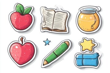 Colorful Stickers of Fruit, Book, Jar, and School Supplies Icons