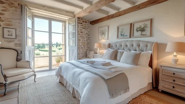 Modern bedroom with elegant French country interior design and soft, rustic accents