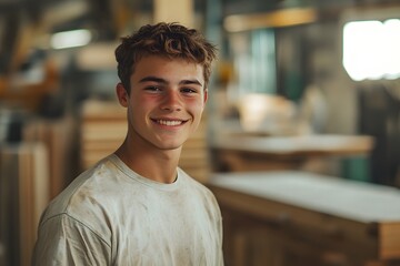 A young carpenter beams with pride in his workshop, a testament to the warmth of skilled craftsmanship and the creation of physical structures, capturing a moment of genuine joy.