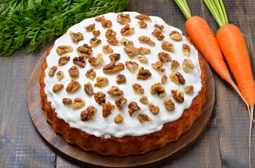 Carrot cake on wooden table