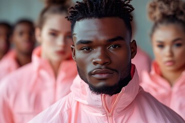 Captivating portrait of a poised man in a soft, pink ensemble, his gaze exuding confidence and charisma amidst a group of similarly styled individuals.
