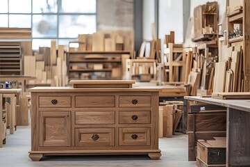 An elegant handmade wood dresser crafted with care, sits proudly in a bustling woodworking workshop, surrounded by stacks of lumber and works in progress.