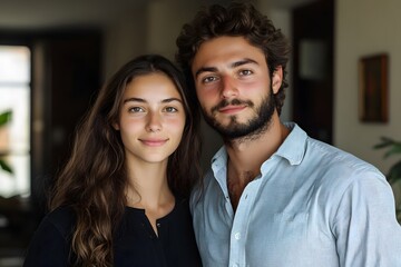 A warm and inviting portrait captures a young couple's connection, illuminated by natural light, radiating love and affection, evoking a sense of intimacy and shared joy.