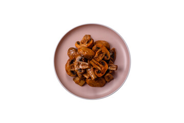 Food, baked mushrooms champignon slices with sauce and spices