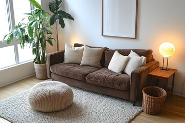An inviting living room boasts a cozy brown sofa adorned with soft pillows, complemented by a lush potted plant, all creating a tranquil atmosphere.