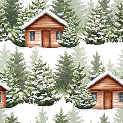 Winter Cabin and Green Pine Trees Seamless Pattern