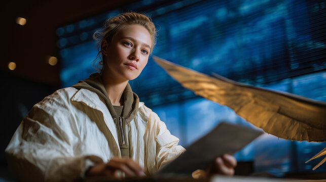 Engineer inspecting wind tunnel test with model aircraft