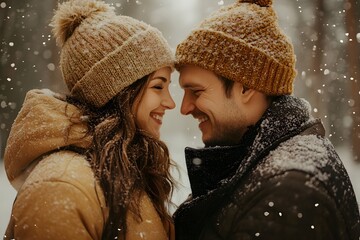 A tender moment in a winter wonderland, a couple gazes at each other, filled with love amidst the serene snowfall, they wear warm hats. 