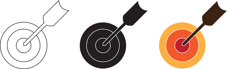 Target icon. Target with arrow icon set. Arrow hits the target. Archery target with arrow. Vector illustration