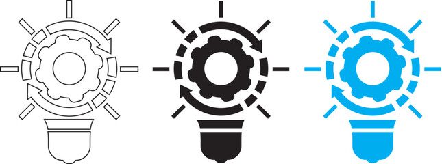 A set of light bulb icons on a white background. Idea symbol. Electric light, light, innovation, solution, creative thinking, electricity. Outline, flat and colored style. Flat design.