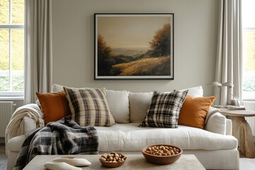 A cozy living room is arranged with a modern style, a painting adding a touch of beauty in this welcoming living room. 