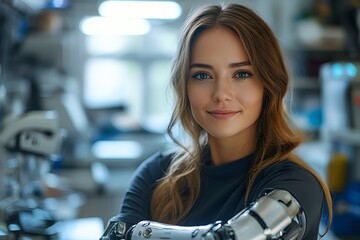 A confident young woman with a prosthetic arm smiles gently, her gaze directed towards the camera, in a modern, technological setting.  