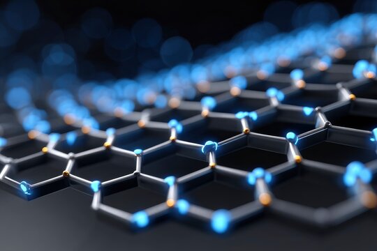 An abstract closeup rendering of a graphenelike structure with blue and gold nodes and dark gray connecting lines