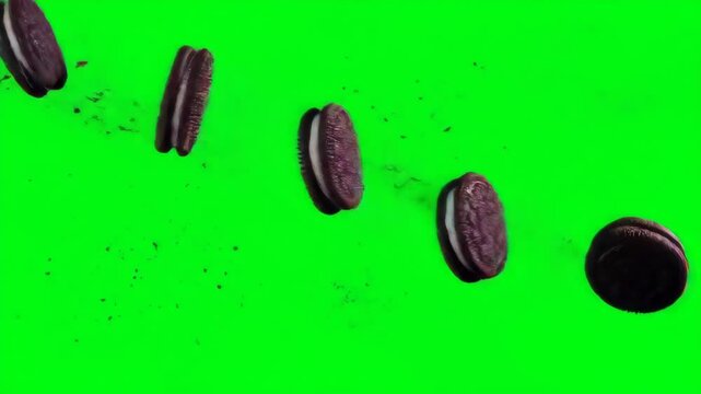 flying Oreo cookies with crumbs isolated on green screen background 4k video