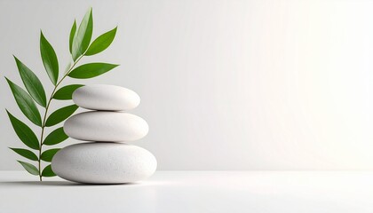 Serene White Stones and Green Leaves Minimalist Spa Wellness Concept.