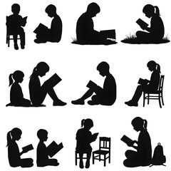 Twelve silhouetted children are shown engrossed in reading books in various seated positions some on grass and with chairs or a cat vector