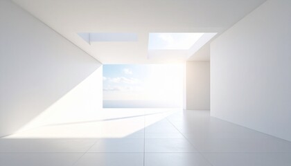 Modern Minimalist White Room Interior Design with Skylight and Ocean View.
