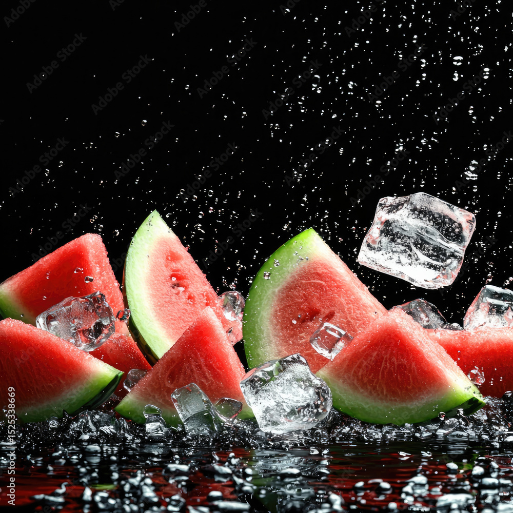 Aufkleber Fresh watermelon slices with ice cubes splash on dark background, creating refreshing and vibrant scene