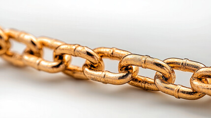 Fototapeta premium Closeup of gold chain link, metallic texture, shiny surface, luxury jewelry, elegant design, isolated background