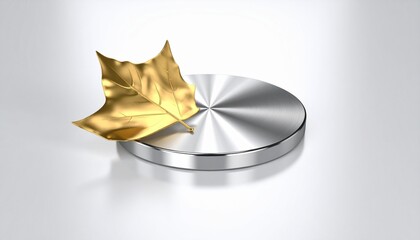 Golden Leaf on Metallic Disc Elegant Autumn Still Life Product Presentation.