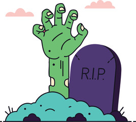 Naklejka premium Zombie hand rising from grave illustration with tombstone and green decayed fingers in cartoon style 