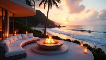 luxurious lounge area at the beach at sunset