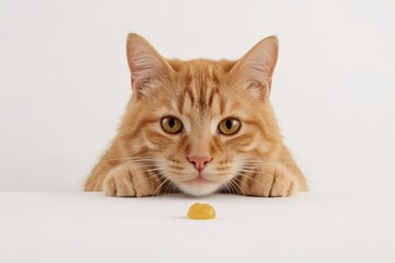 Orange tabby cat is eating food placed on the table with hopeful expression, pet, pet cuteness, pet feeding, snack time, meal time, cat, focus, micro, white background