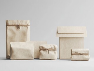 Assortment of Beige Paper Bags Tied with Twine on a Neutral Background
