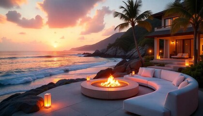 luxurious lounge area at the beach at sunset