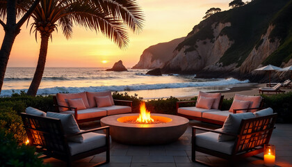 a lounge area and sunset on the beach