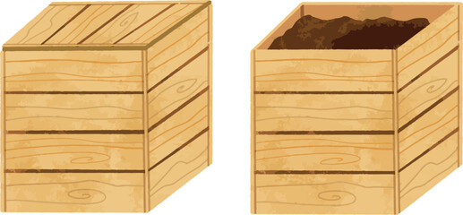 Vector of Closed Wooden Box and Open Wooden Box with Compost Soil