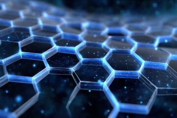 Obraz premium Bluelit honeycomb pattern dark background with interconnected lines and small dots inside each cell