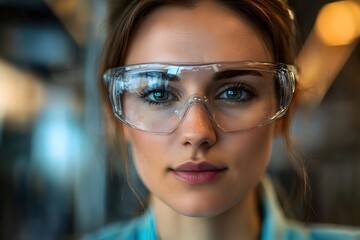 Close-up portrait of a focused female scientist wearing safety glasses, conveying intelligence, determination, and precision in a scientific research setting. 