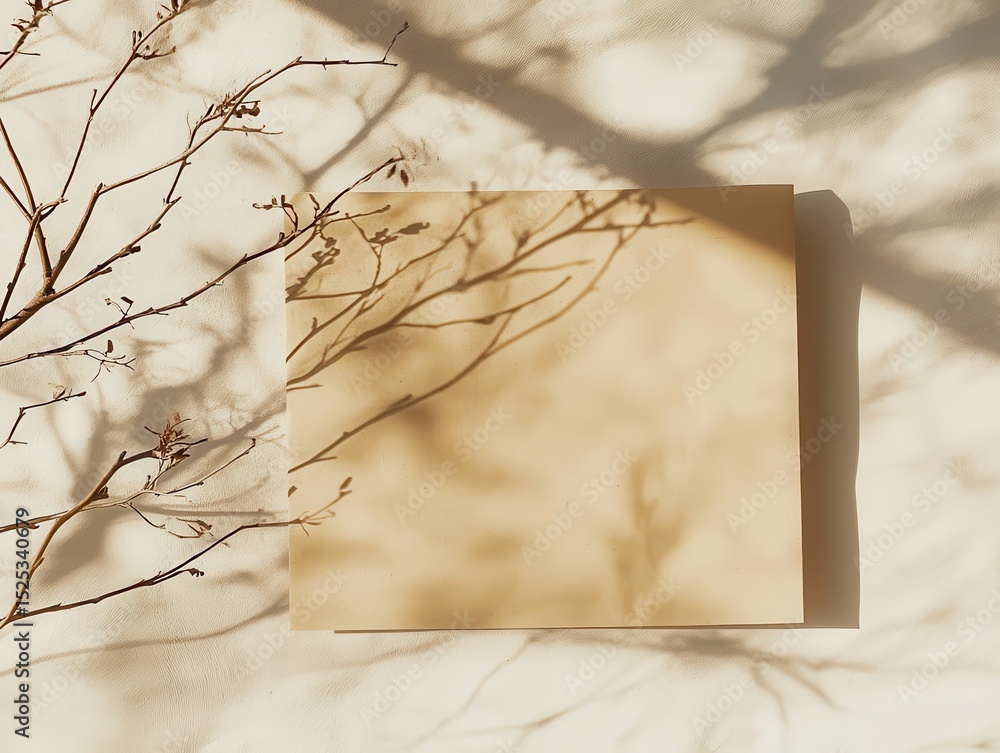 Aufkleber neutral mockup with branch and shadow overlay on textured background for design