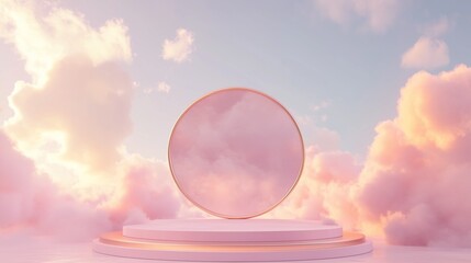 Abstract pastel background with pink-gold round podium and soft sky clouds, 3D render

