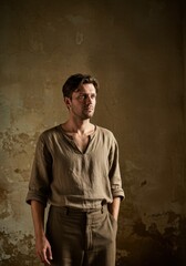 Caucasian man dressed in historical peasant costume. Reenactor embodying a historical character. Education concept for history.
