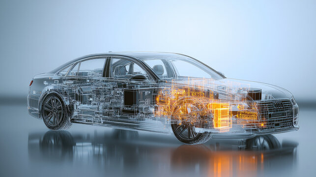 Semi transparent car, digital rendering, showing internal components, modern technology, innovation, futuristic style