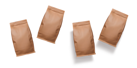 Embalagens de papel cor bege, com tom amadeirado. Embalagem selada reciclada com e sem sombra