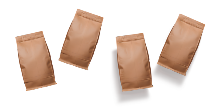 Embalagens de papel cor bege, com tom amadeirado. Embalagem selada reciclada com e sem sombra