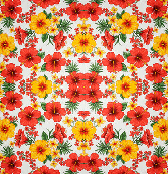 Estampa de flores vermelhas e amarelas com fundo azulado. Estampa de arraia para quadrilha e s&atilde;o jo&atilde;o