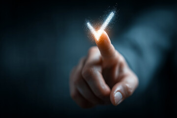 Digital Approval: A hand interacts with a glowing checkmark, symbolizing validation, choice, and confirmation with a blurred dark background that provides an intriguing contrast.