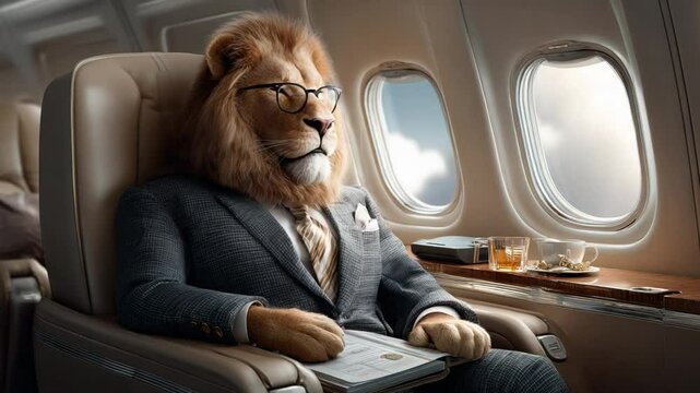 Lion Business Travel: A majestic lion, dressed in a tailored business suit, lounges comfortably in a first-class airplane seat, gazing out the window, a symbol of success and corporate sophistication.