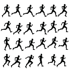 Set of silhouettes. Runners on sprint, men and woman.