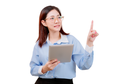 A woman in glasses holding a tablet and pointing upward with her index finger. - Powered by Adobe