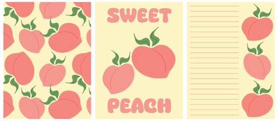 A summer set of posters, gliders with peaches. Cute flat style. Design with a pattern, poster and diary pages