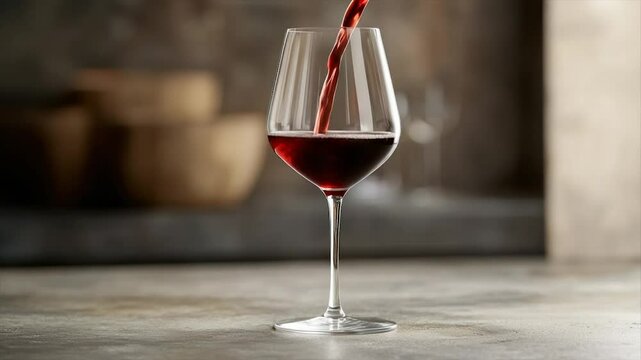 Red wine pouring into elegant glass on table