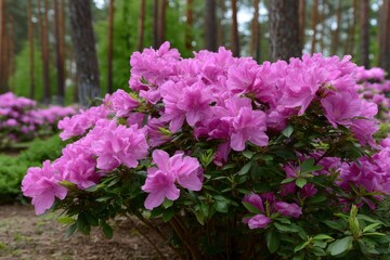 Obraz premium Closeup of a vibrant purple rhododendron bush in bloom set in a woodland garden
