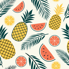 Vibrant Tropical Fruit Pattern With Pineapple Watermelon Lemon and Palm Leaves on White Background