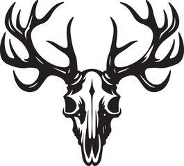 A bold black vector of a deer skull with large antlers, featuring minimalist shading and sharp lines.